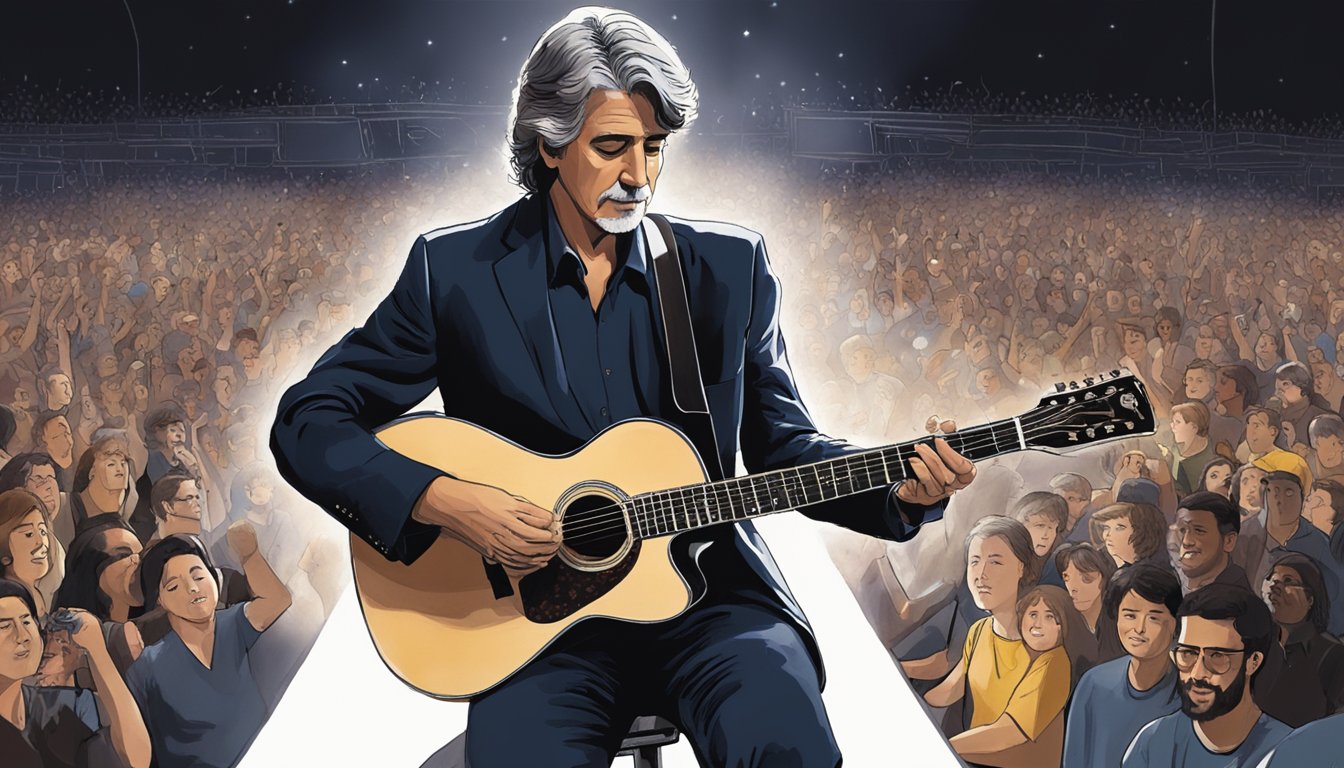 George's intense focus as he strums his guitar on a dimly lit stage, surrounded by a sea of eager fans. The spotlight captures his passion as he pours his heart into each succinct lyric