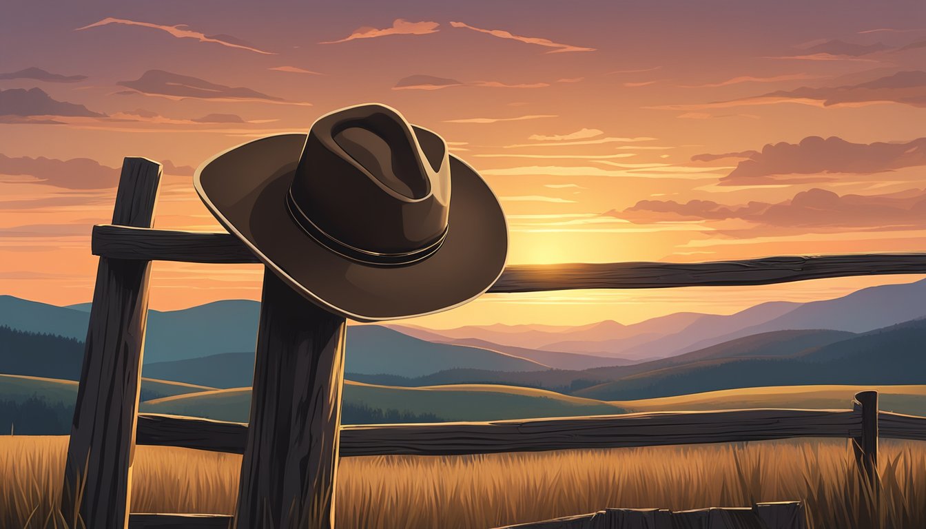 A lone cowboy hat rests on a weathered wooden fence post, surrounded by rolling hills and a sunset sky