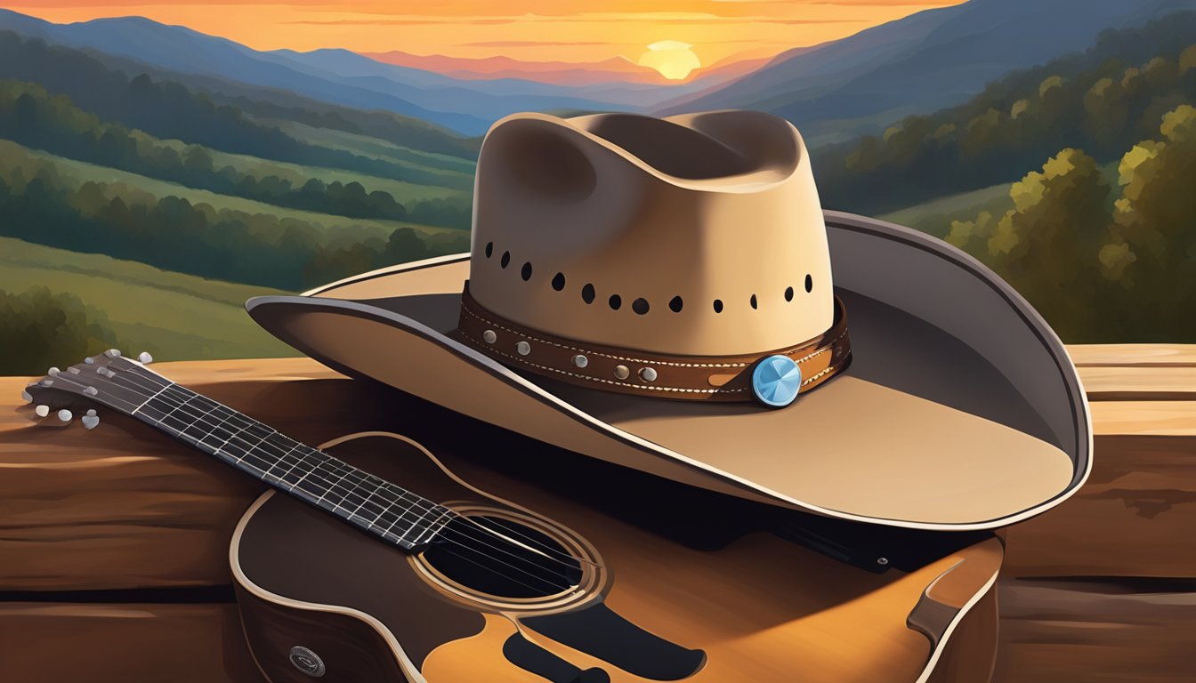 A cowboy hat resting on a guitar, surrounded by a backdrop of rolling hills and a sunset, with a subtle nod to country music icon George Strait