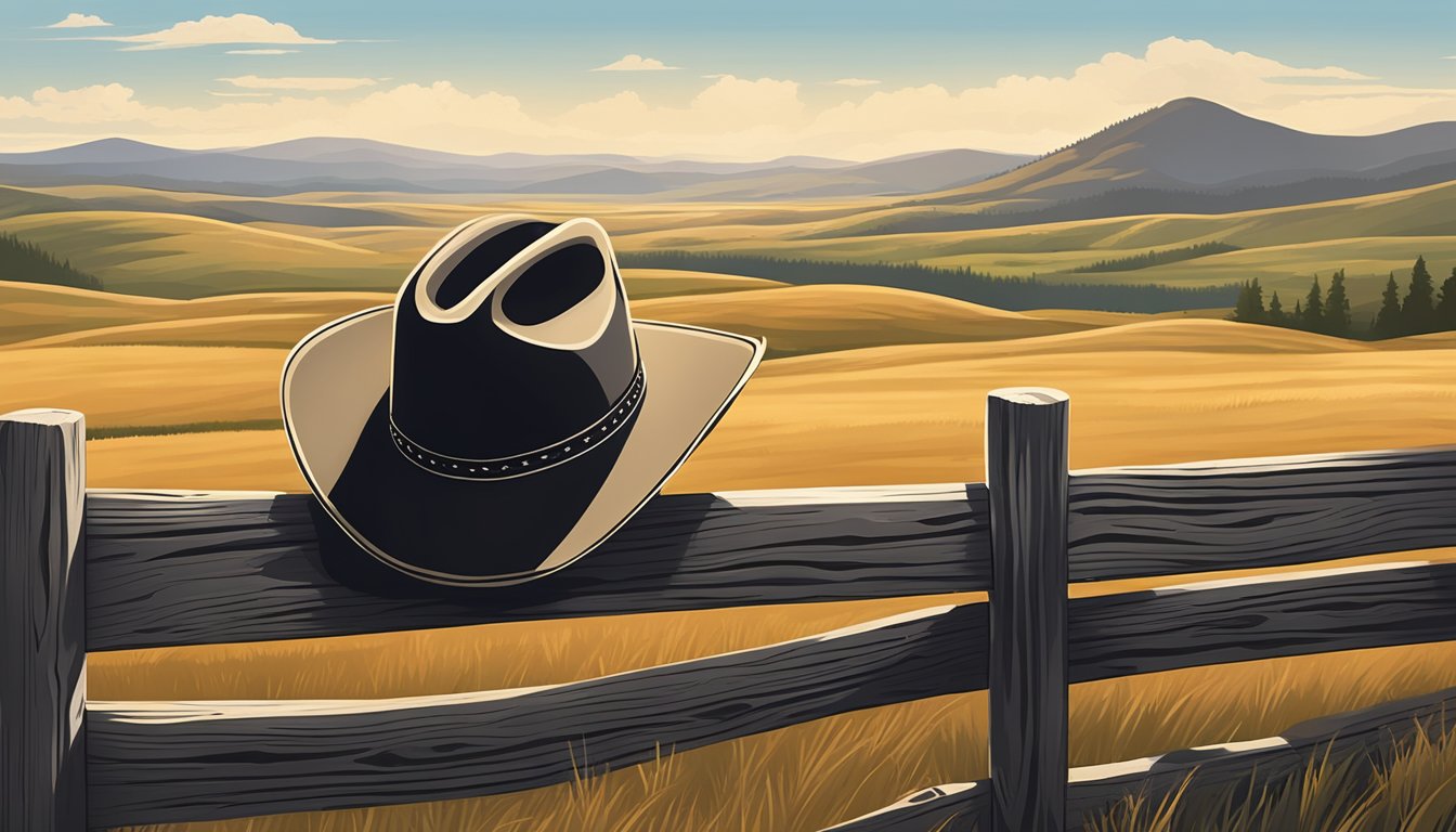 A lone cowboy hat rests on a weathered wooden fence post, surrounded by rolling hills and a vast expanse of open sky