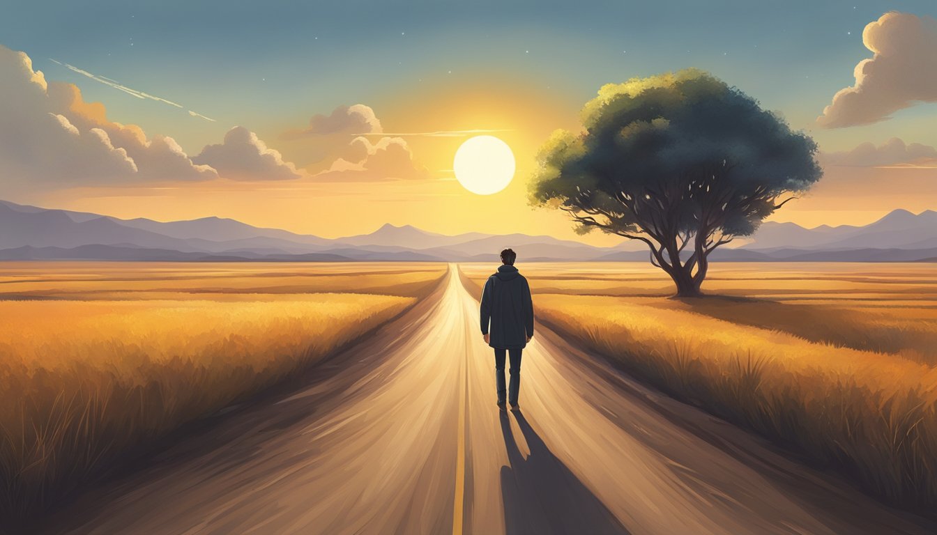 A lone figure on a deserted road, surrounded by vast open fields and a setting sun, with a sense of purpose and determination in the air