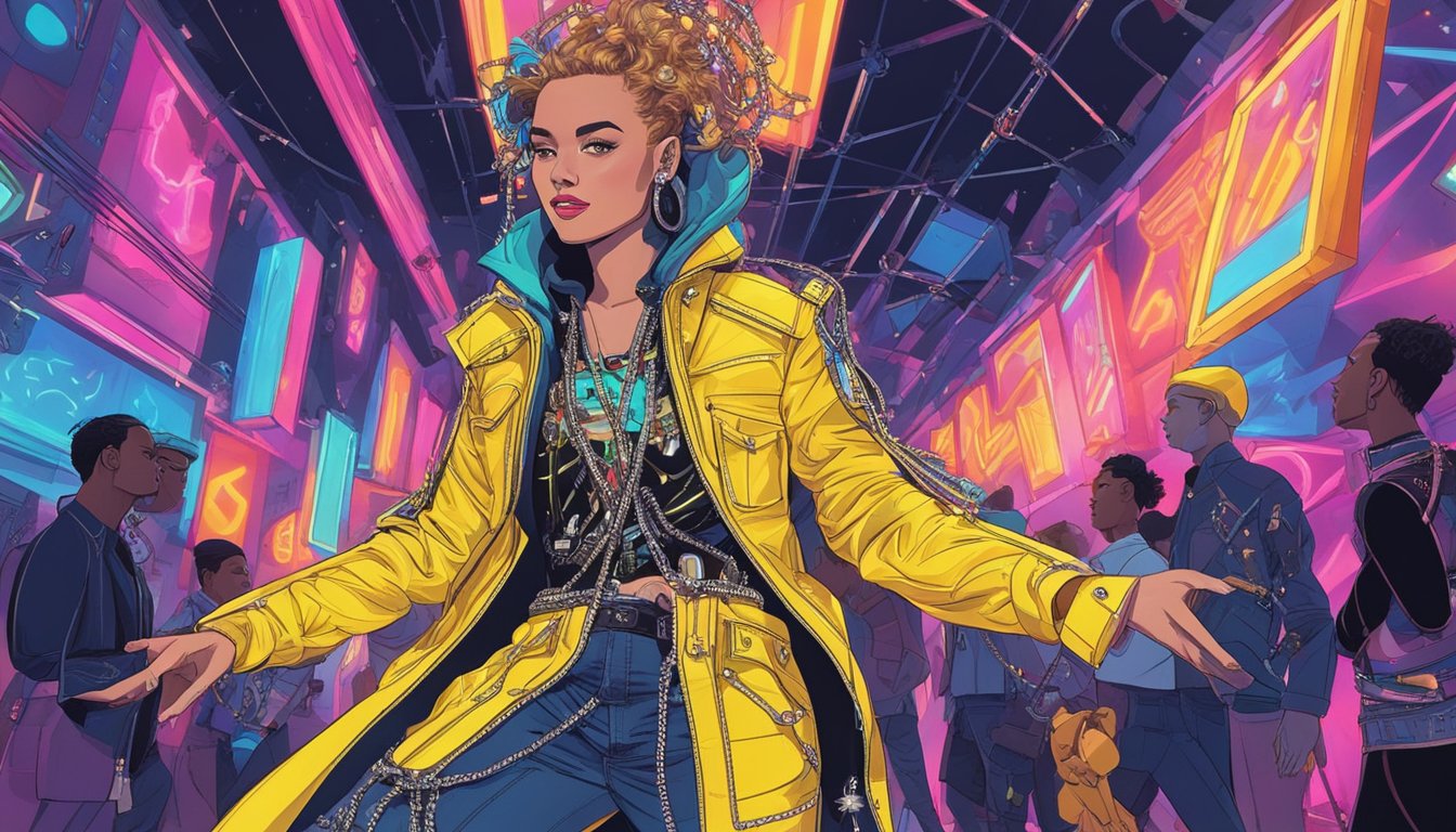 A spotlight shines on a straitjacket suspended in midair, surrounded by flashing neon lights and bold patterns. The jacket is adorned with metallic studs and chains, exuding a sense of rebellion and rockstar glamour