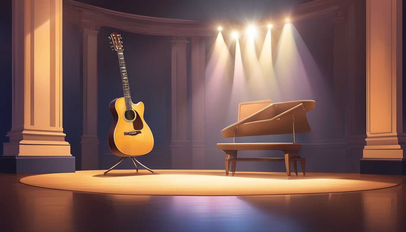 A lone guitar sits on a stage bathed in a spotlight, surrounded by empty seats. The soft glow of the spotlight casts long shadows across the floor, creating an atmosphere of quiet reflection