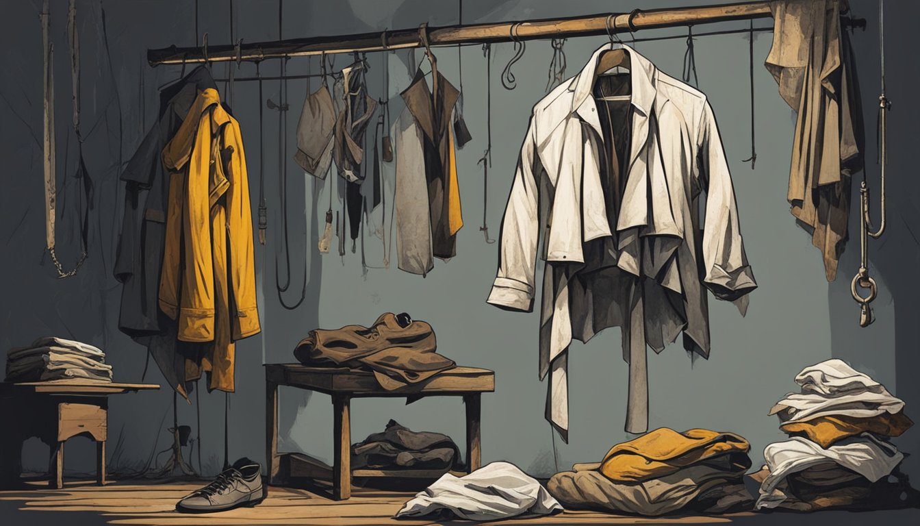 A vintage straitjacket hangs on a rusty metal hook, surrounded by tattered clothing and theatrical props. A spotlight casts dramatic shadows on the eerie ensemble