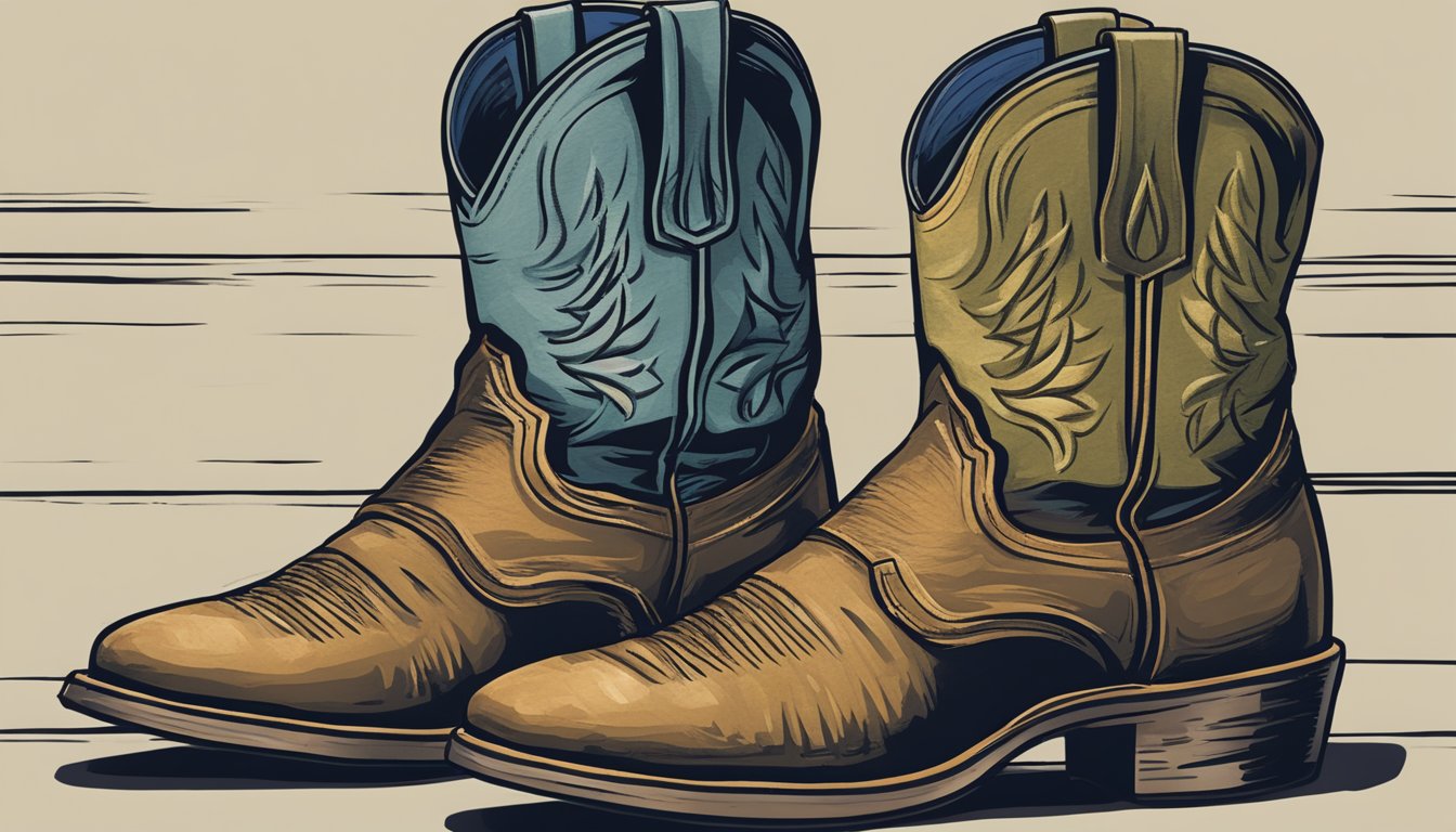 A pair of worn army boots transitions into a pair of well-worn cowboy boots, symbolizing the evolution of George's signature style