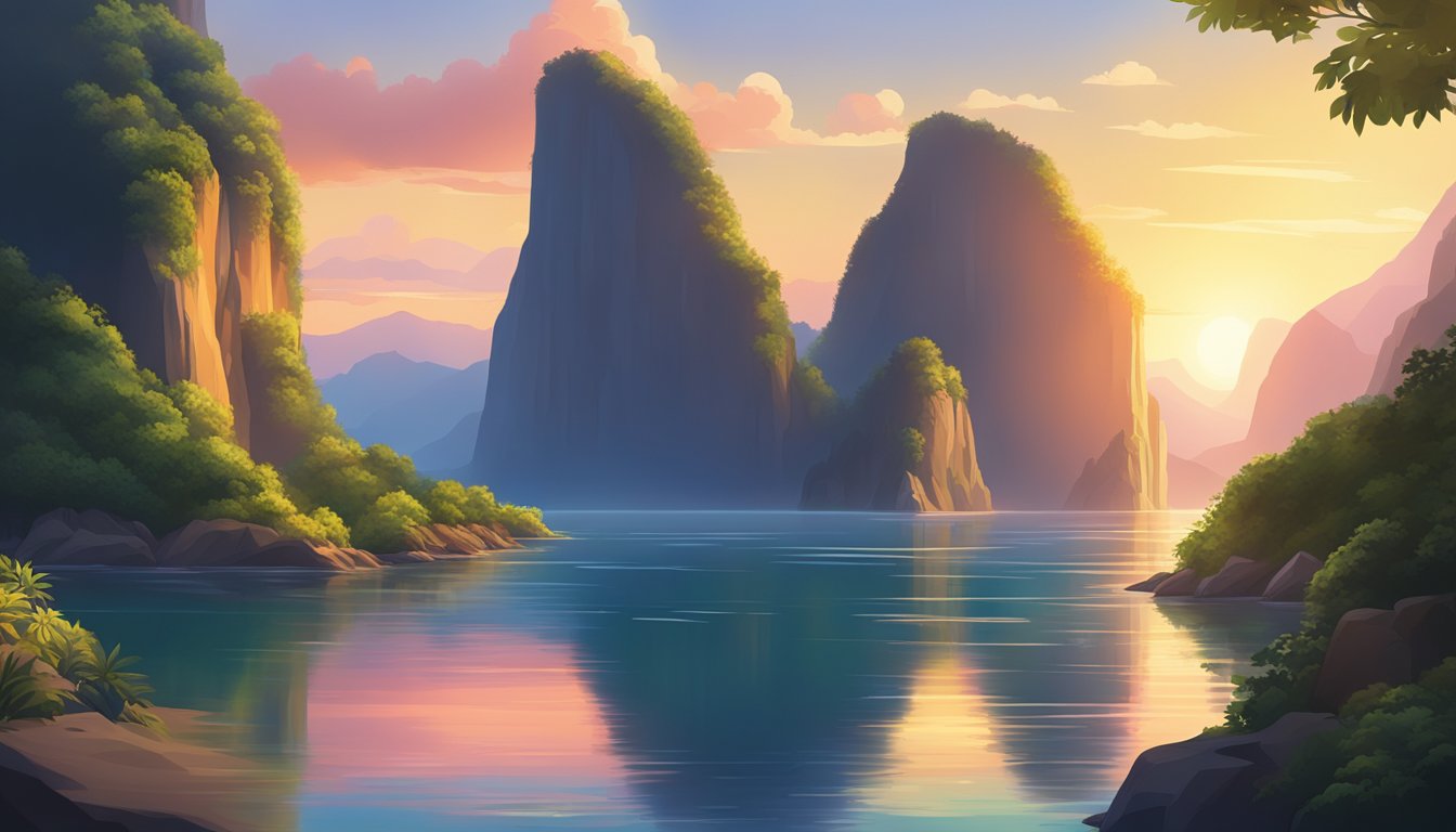 A narrow strait with towering cliffs, surrounded by lush greenery and a vibrant sunset casting a warm glow over the water