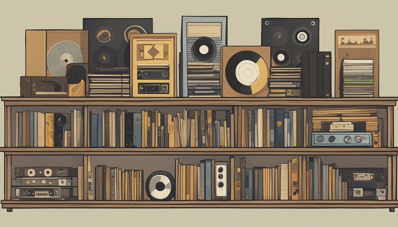 A collection of George's comprehensive box sets arranged on a vintage wooden shelf, surrounded by scattered vinyl records and music memorabilia