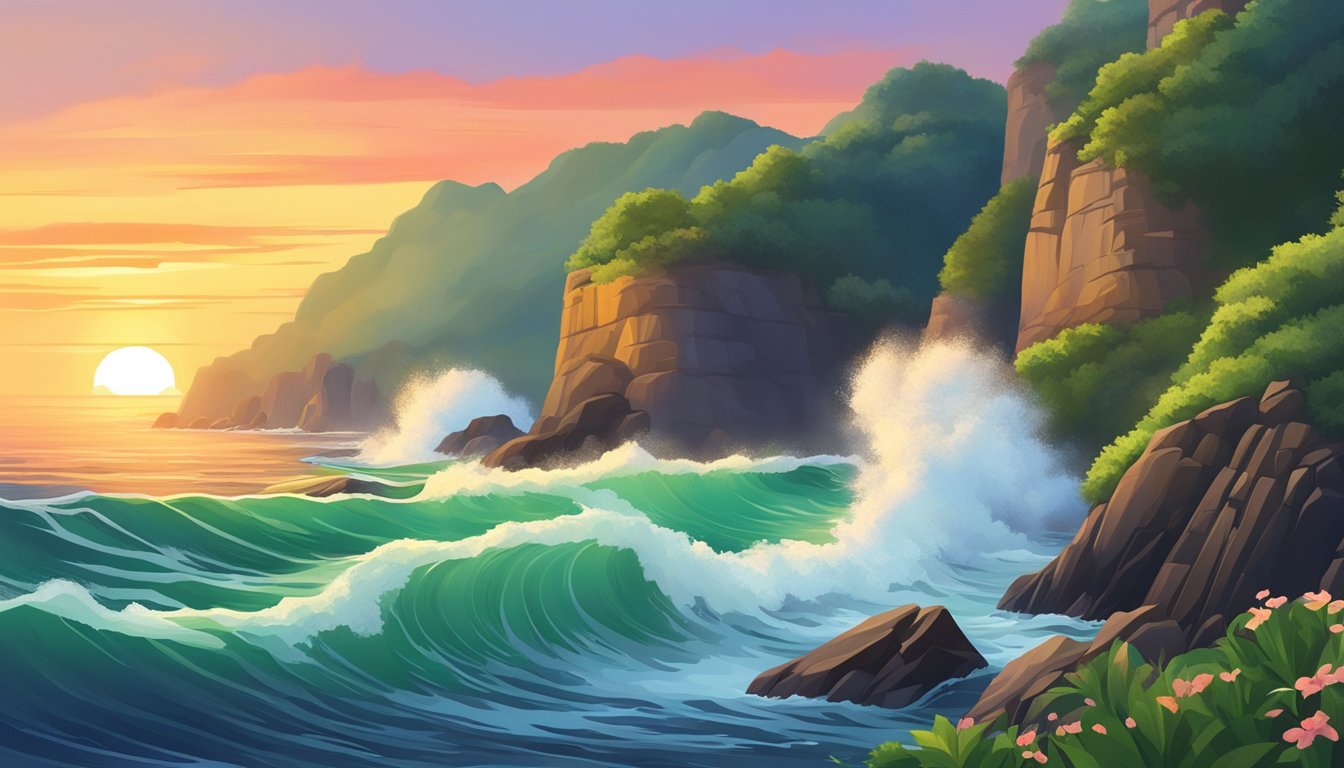 A narrow strait with waves crashing against rocky cliffs, surrounded by lush greenery and a vibrant sunset sky