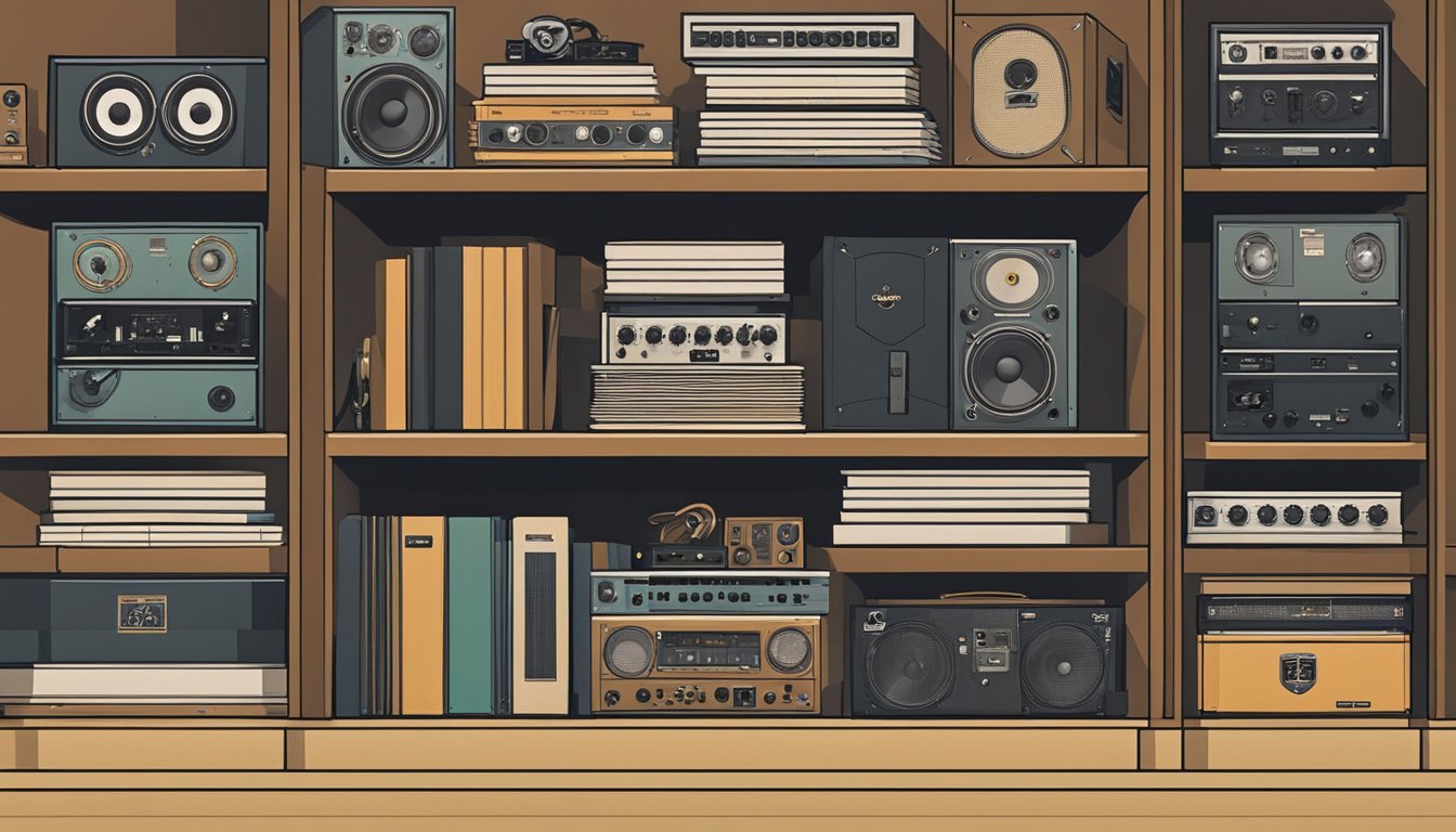 A stack of George's box sets arranged on a shelf, surrounded by music memorabilia and vintage speakers