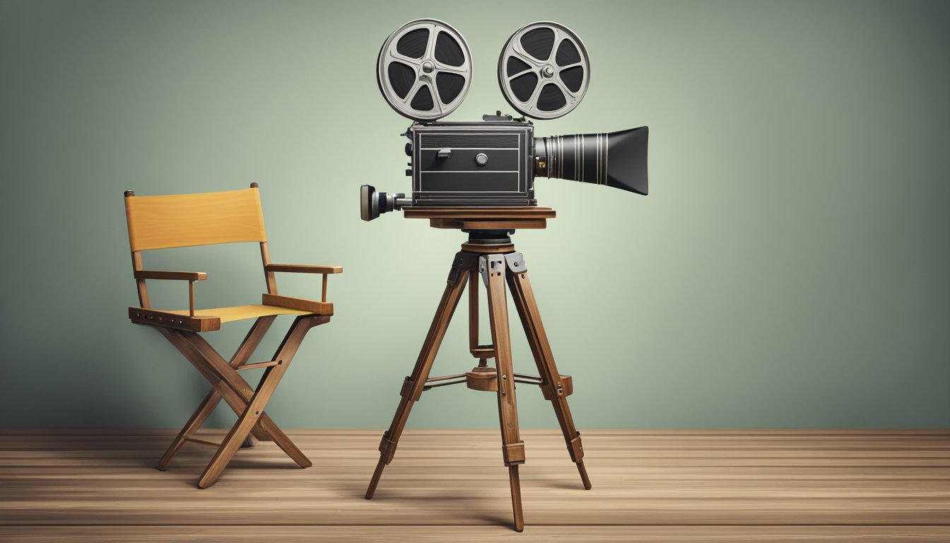 A vintage movie camera on a tripod with a film reel and clapperboard on a wooden director's chair