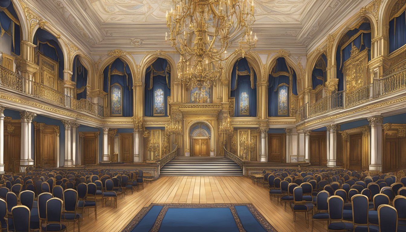 The grand hall filled with ornate banners and trophies, showcasing George's unique sound. A regal atmosphere emanates from the opulent surroundings