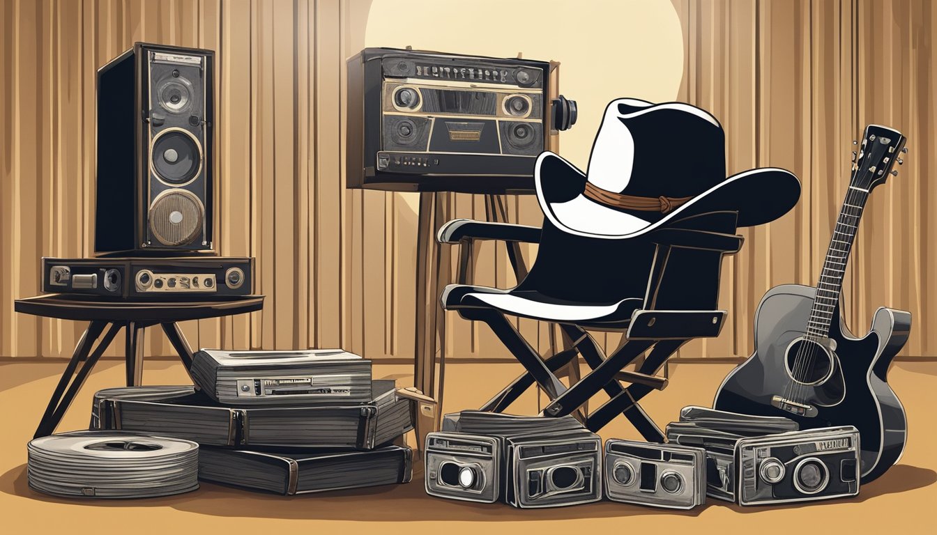 A cowboy hat sits on a movie director's chair, surrounded by vintage film reels and a guitar. A film camera is pointed towards a stage set with a country music backdrop