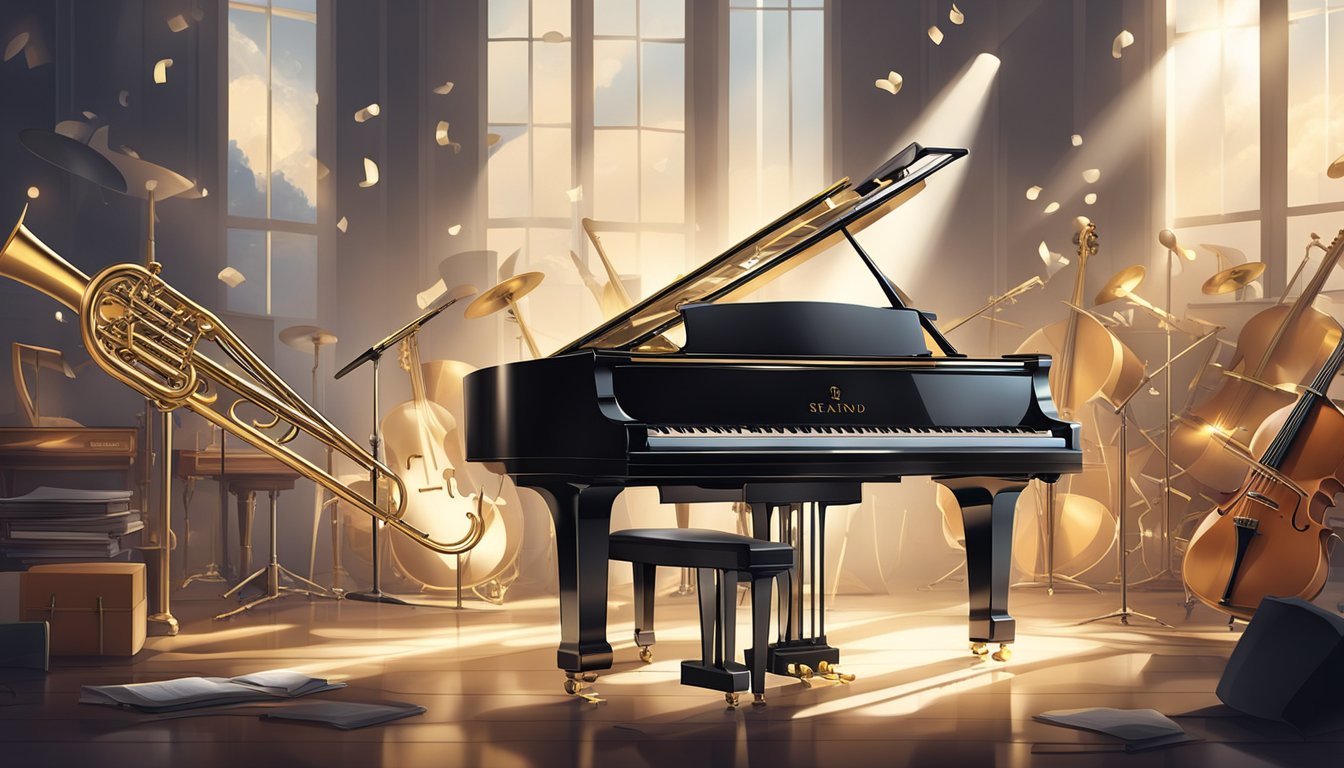 A grand piano surrounded by instruments and music sheets, with a spotlight shining on it