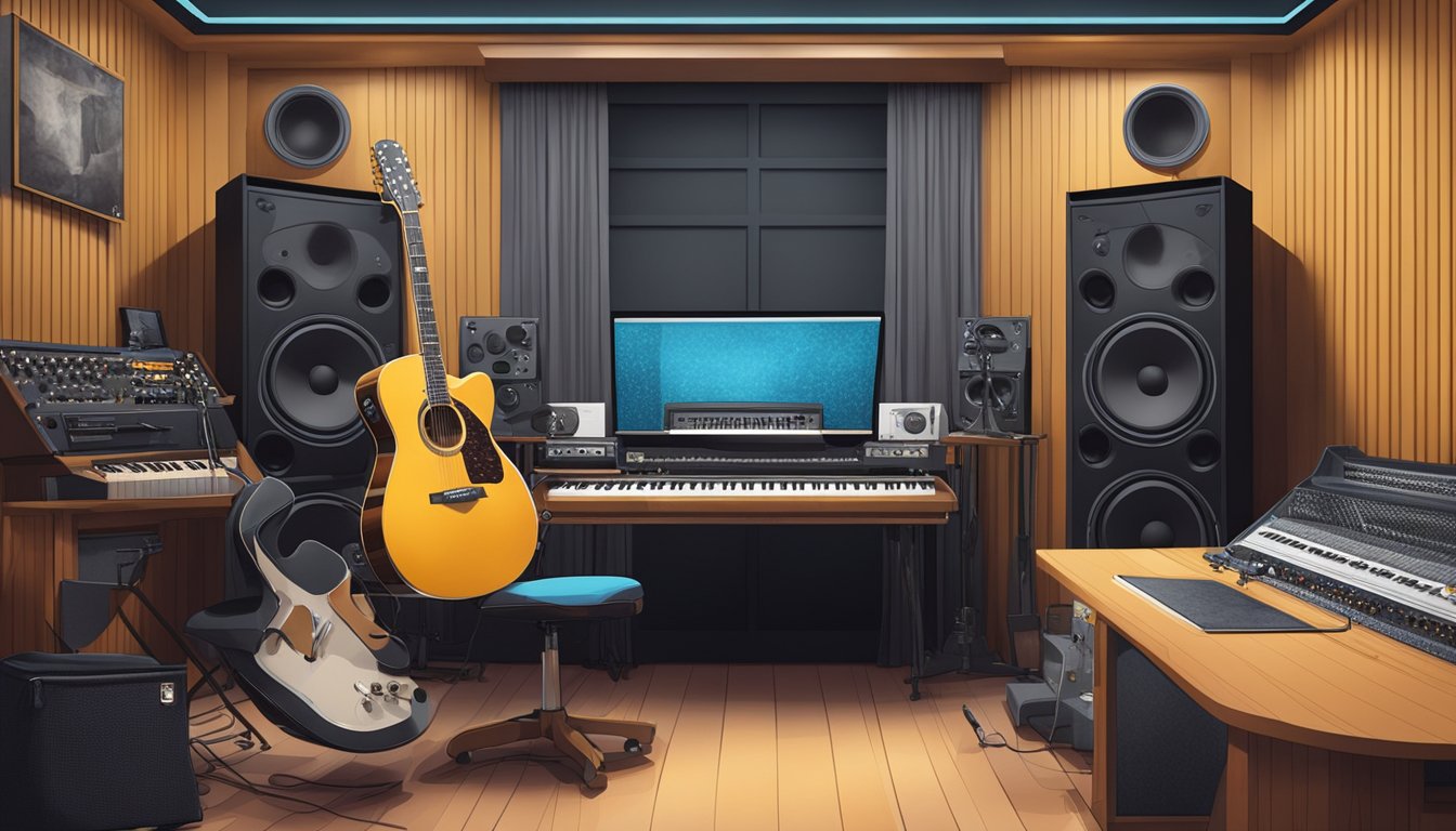 A sleek, modern recording studio with high-end equipment and stylish decor. George's iconic guitar leans against a wall, surrounded by awards and memorabilia