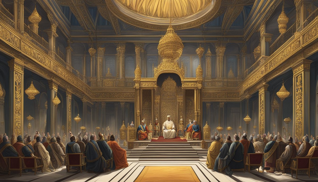 A regal throne room with ornate decor and a grand, elevated throne at the center. The room is filled with dignitaries and courtiers eagerly listening to the king's speech