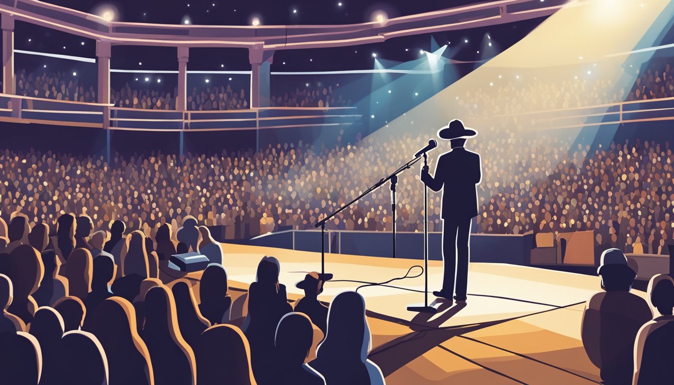 A microphone stands on a stage, surrounded by spotlights. A crowd of adoring fans fills the concert hall, eagerly awaiting George Strait's rare interview