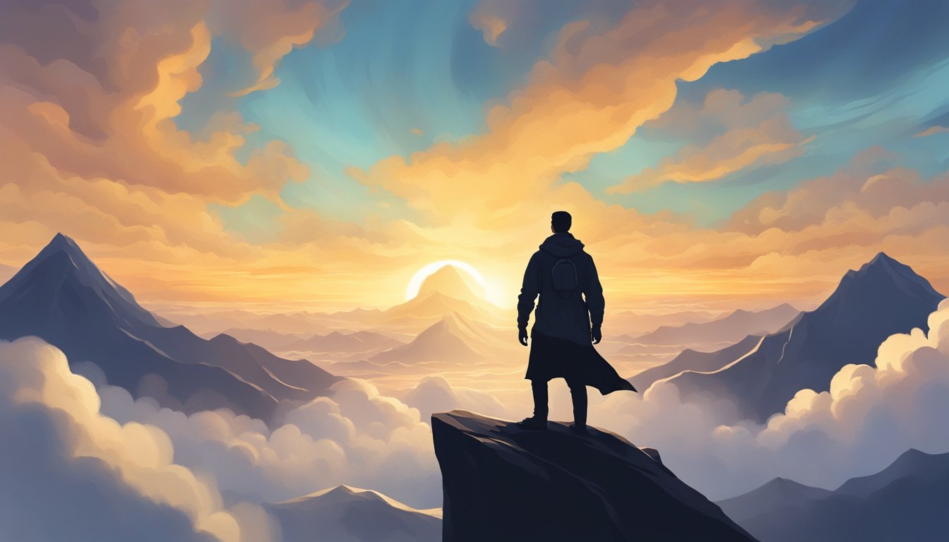 A silhouetted figure stands atop a mountain peak, surrounded by swirling clouds and a golden sunrise, exuding an aura of power and determination