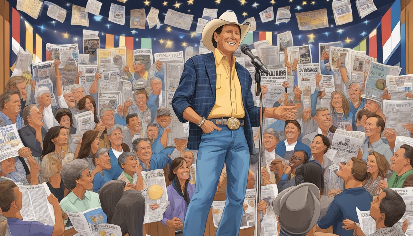 George Strait standing on stage with a microphone, surrounded by awards and accolades. Newspapers and magazines featuring his interviews are scattered around the room