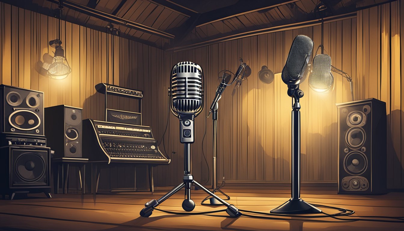 A microphone stands on a stage, surrounded by vintage recording equipment and country music memorabilia. The spotlight shines down, creating a dramatic and nostalgic atmosphere