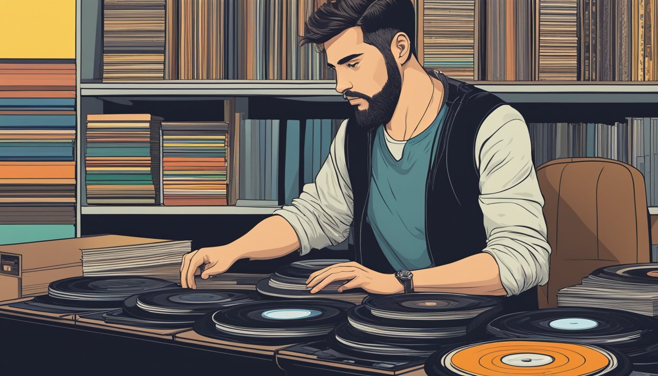 A man sits at a desk surrounded by vinyl records, carefully selecting songs for an album cover. His focused expression shows his dedication to the task