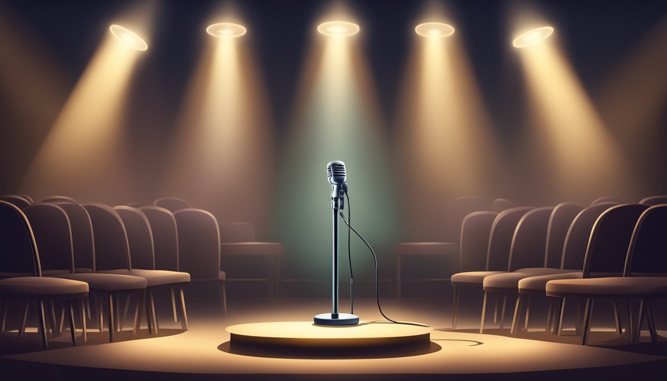 A lone microphone stands on a dimly lit stage, surrounded by empty chairs. A spotlight highlights the microphone, casting a soft glow on the stage