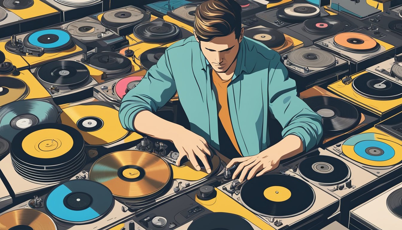 A man surrounded by vinyl records, carefully selecting one to play on a turntable