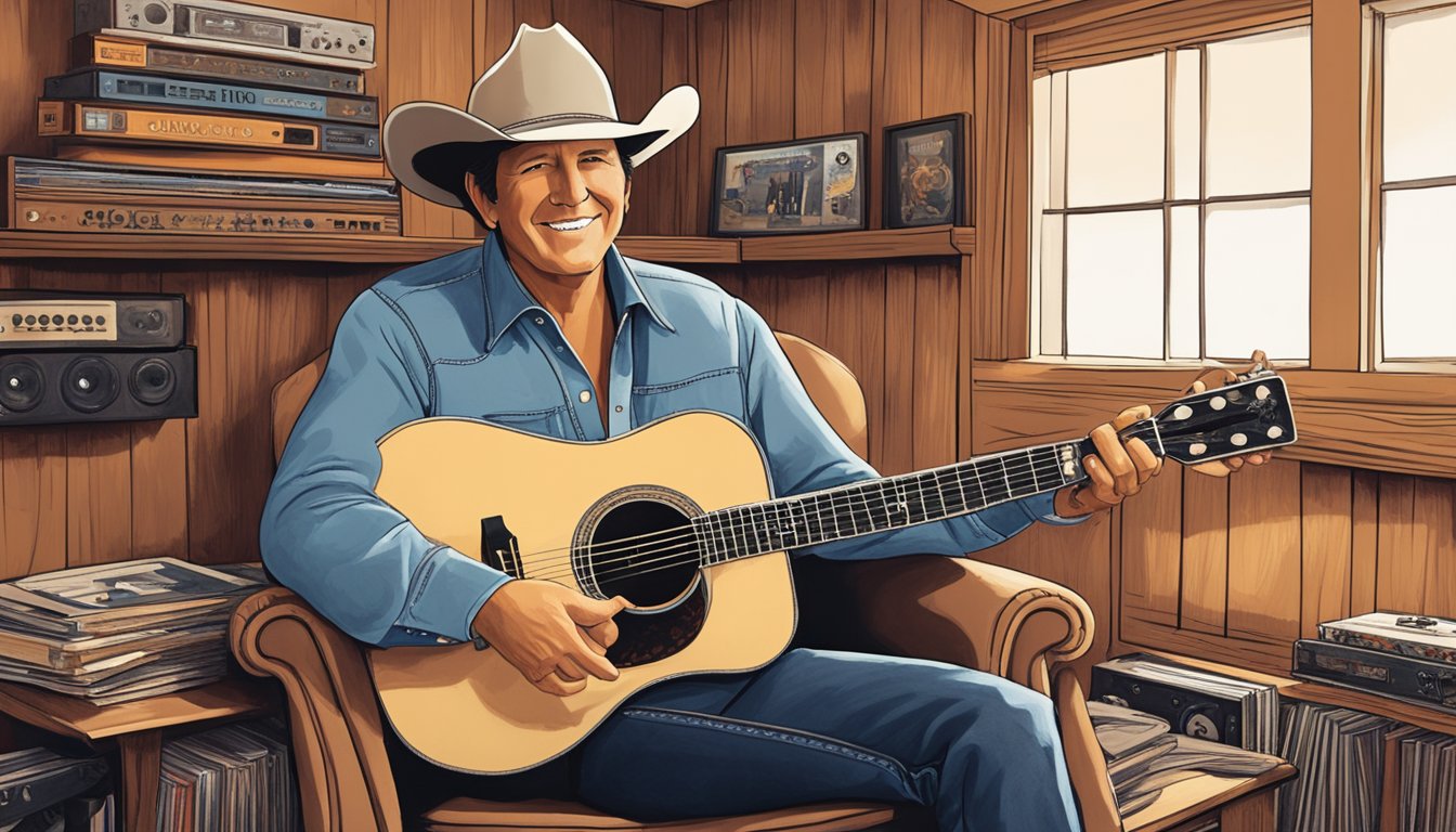 George Strait sitting in a cozy, dimly lit room, surrounded by vintage records and guitars. A warm smile on his face as he reminisces about his life and career