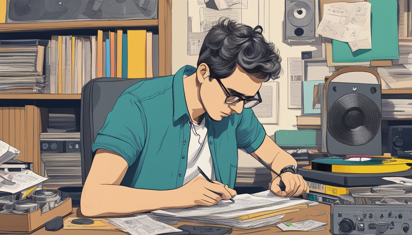 George sits at a cluttered desk, surrounded by vinyl records and scribbled notes. He listens intently, tapping his foot to the rhythm, as he carefully selects songs for an upcoming live performance