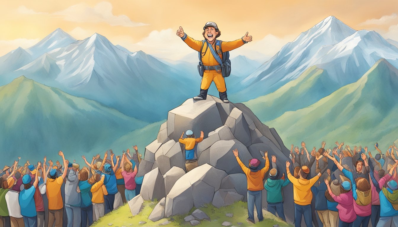 A triumphant George stands atop a mountain, surrounded by cheering fans and a trail of milestones leading to the summit