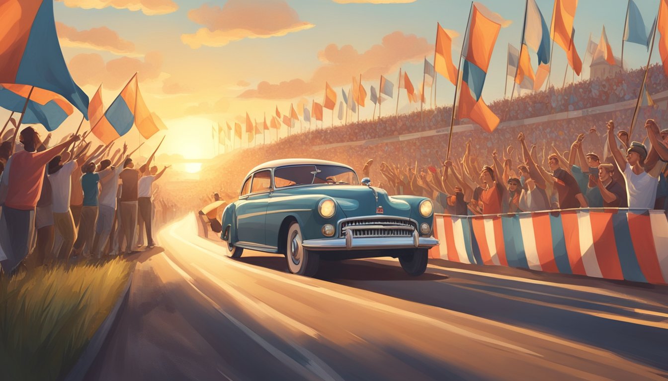 A vintage car speeds down a straight road, surrounded by cheering fans and waving flags. The sun sets in the background, casting a warm glow over the scene