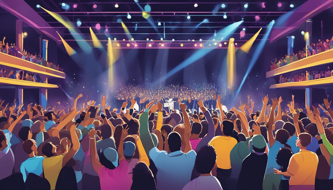 A crowded concert venue, with George performing on stage under bright lights, surrounded by cheering fans and colorful stage decorations