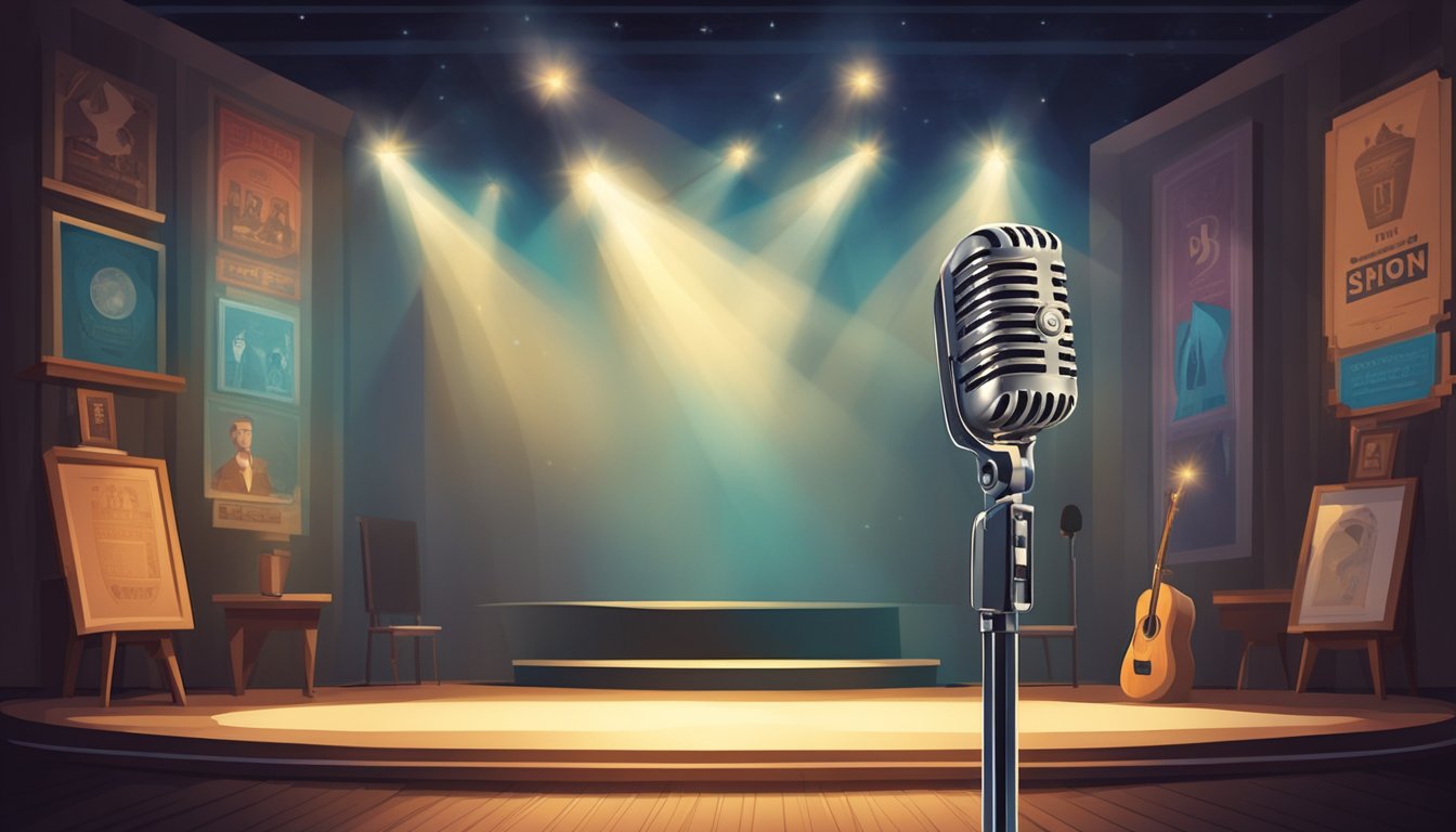 A spotlight shines on a microphone on an empty stage, surrounded by vintage posters and memorabilia. The atmosphere is filled with anticipation and excitement