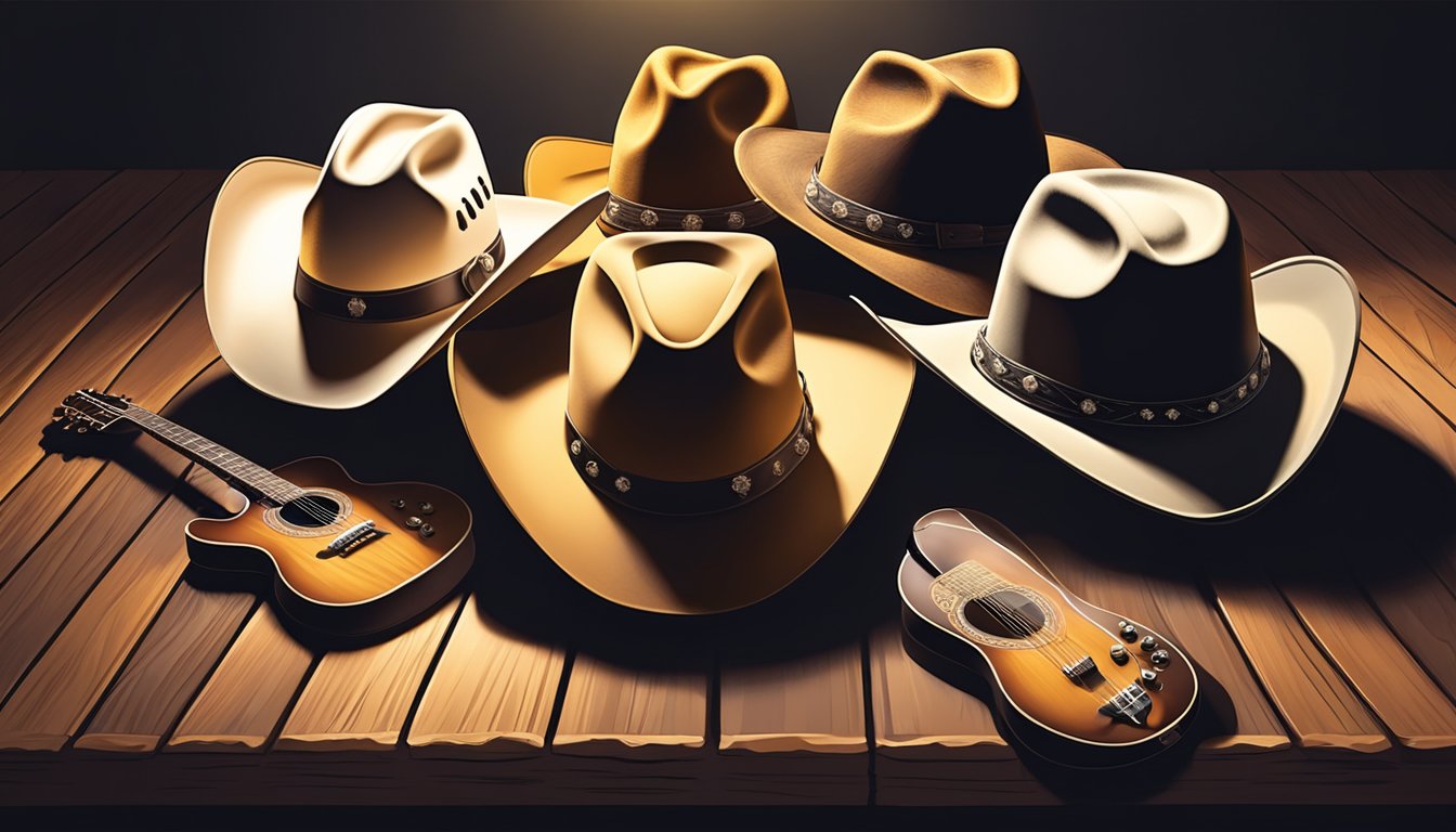 A group of cowboy hats and guitars arranged on a rustic wooden table, with a spotlight shining down from above