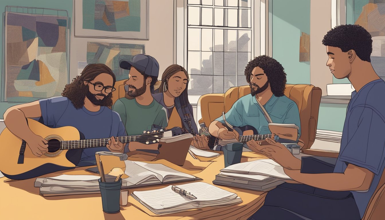 A group of songwriters sit around a table, guitars in hand, surrounded by notebooks and sheet music. The room is filled with the sound of creativity as they collaborate on writing George's next big hit