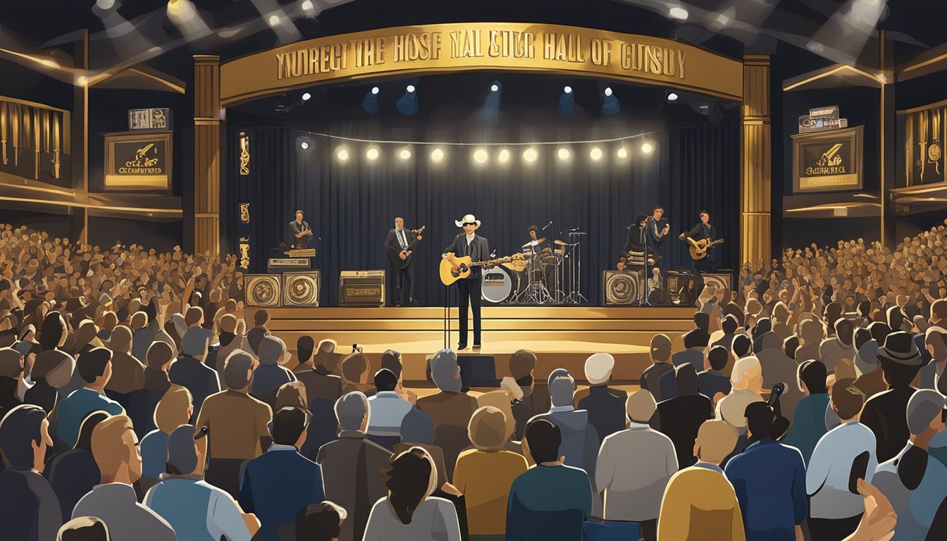 Spotlight on a stage with a microphone and guitar, surrounded by gold records and awards. A crowd cheers as George is inducted into the Country Music Hall of Fame