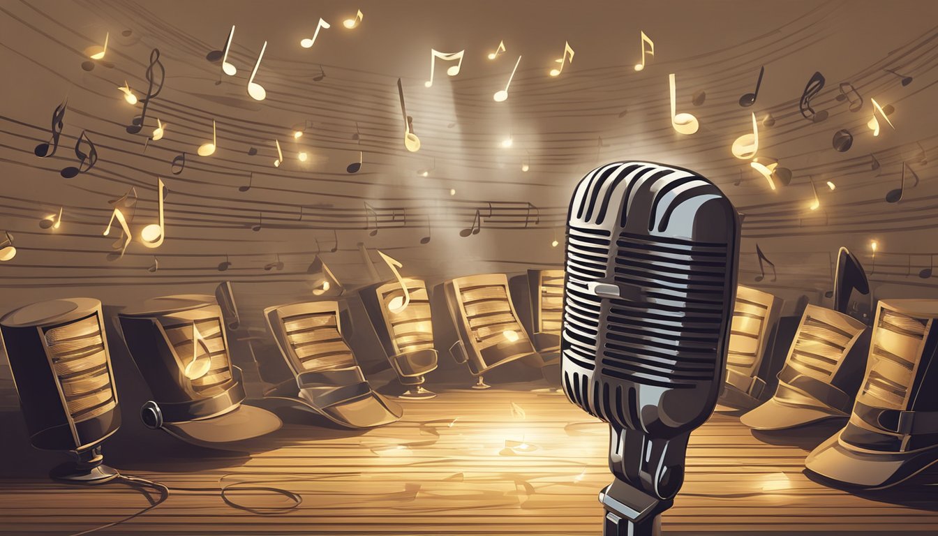 A vintage microphone surrounded by musical notes and cowboy hats, with a spotlight shining down from above