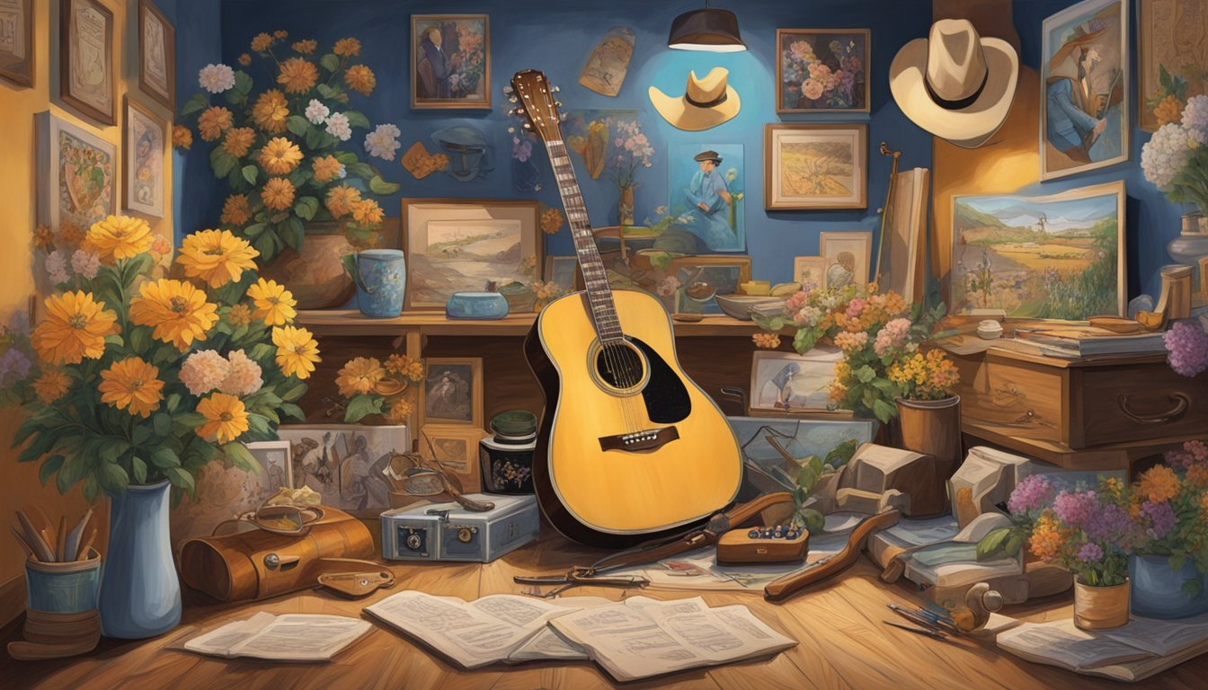 Spotlight on George's iconic guitar and cowboy hat surrounded by flowers and instruments, with fellow artists' tributes displayed on the walls