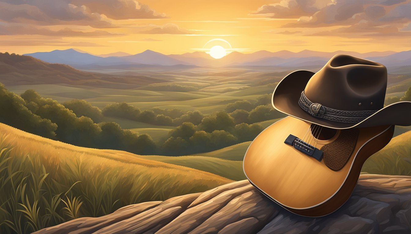 A lone cowboy hat rests atop a weathered guitar, surrounded by a backdrop of rolling hills and a setting sun