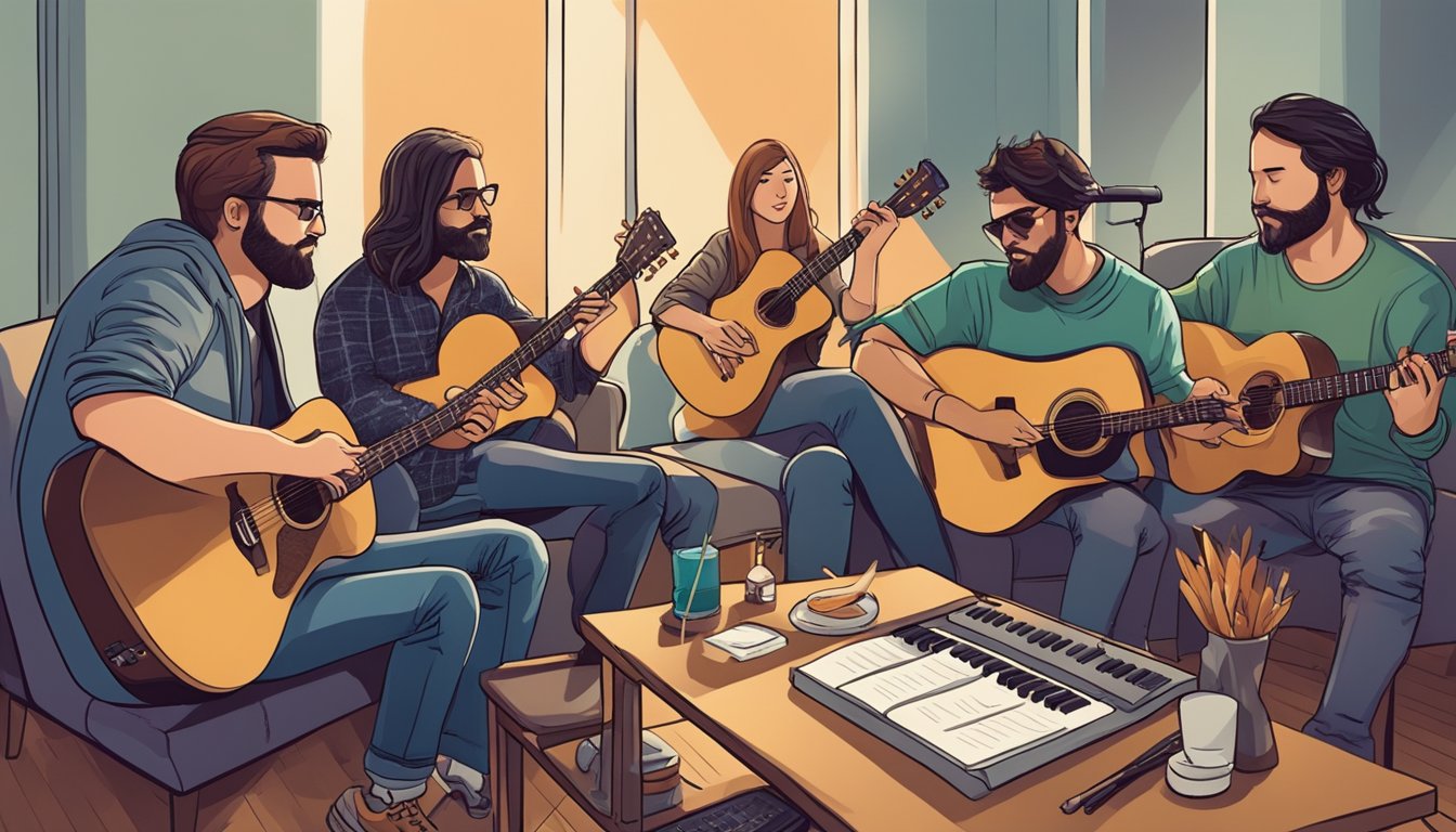 A group of songwriters sit around a table, guitars in hand, brainstorming and collaborating on new music for a famous artist