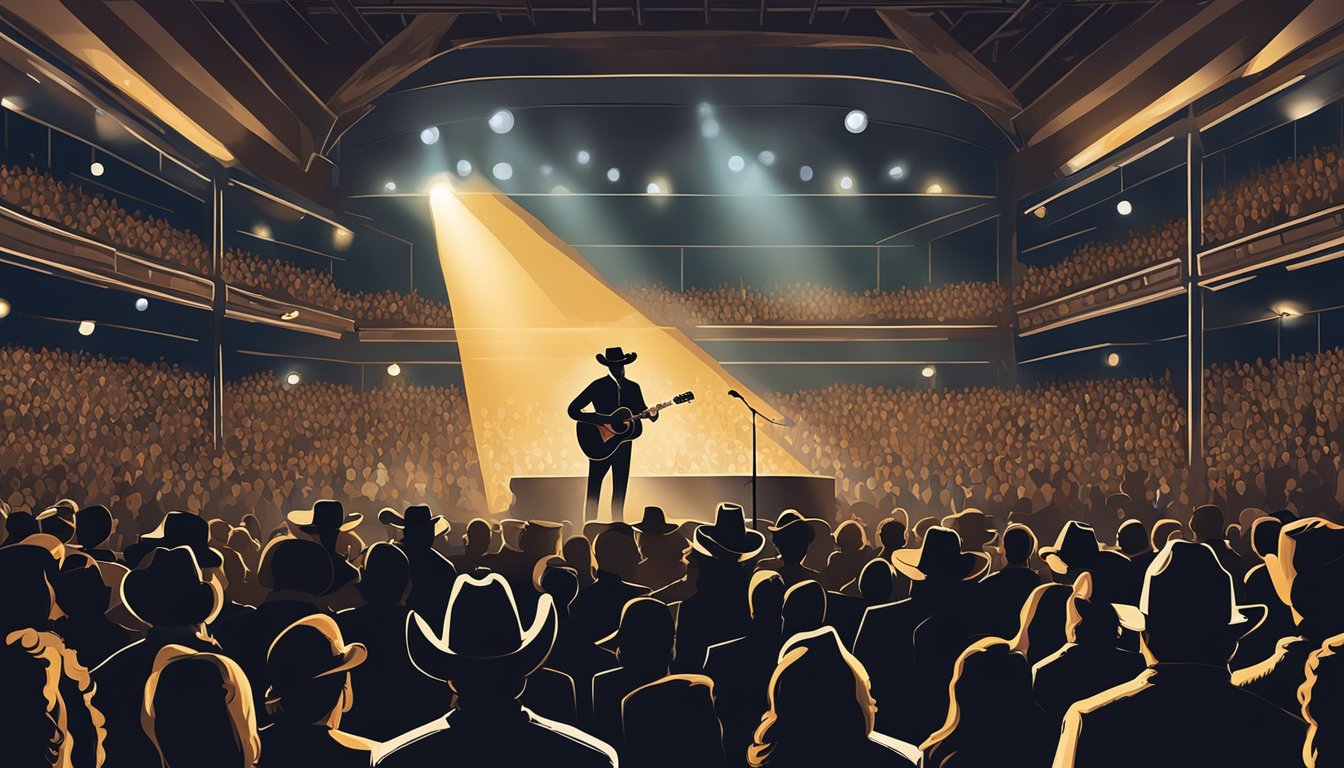 A crowded concert venue with a spotlight on a stage, where a guitar and cowboy hat sit atop a chart-topping country music album