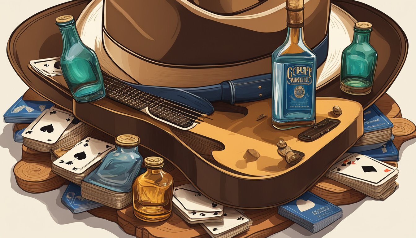 A cowboy hat rests atop a guitar, surrounded by playing cards and whiskey bottles, evoking the essence of George's unbeatable country music style