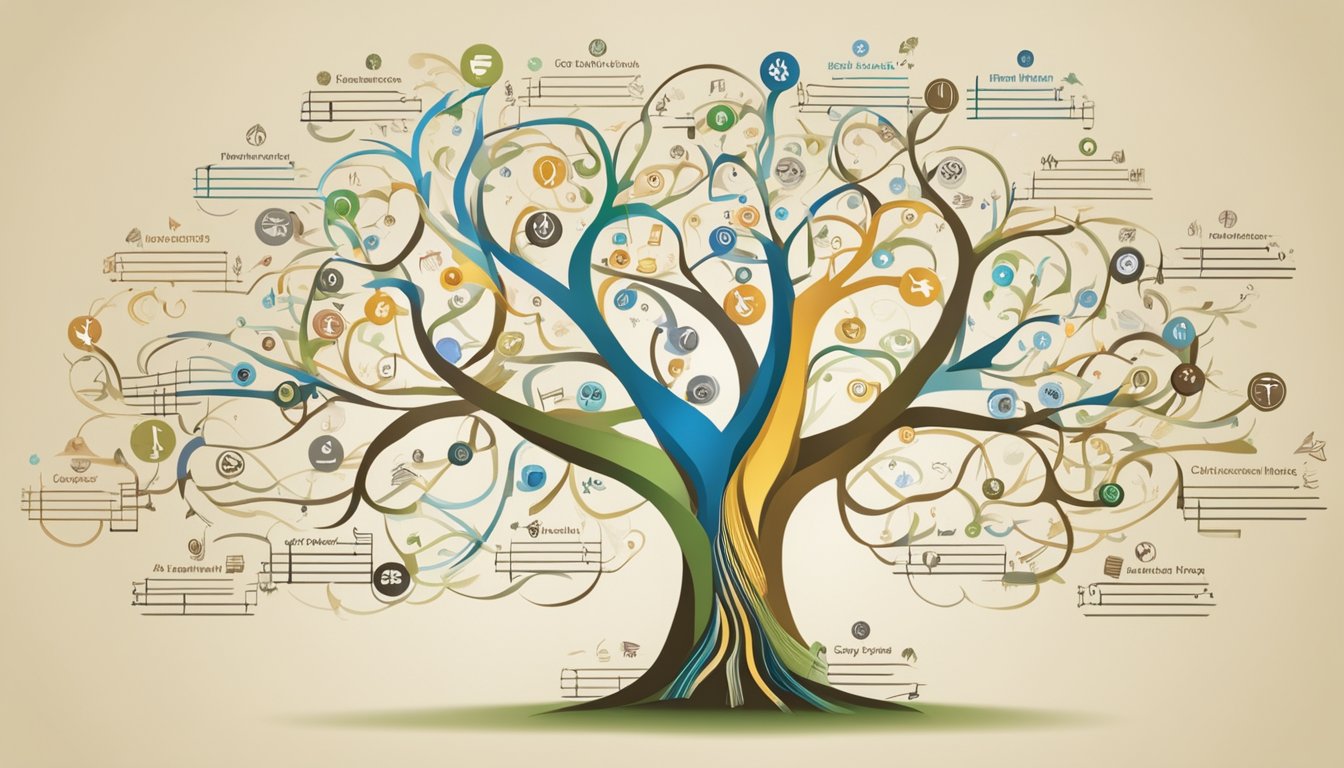 A family tree with musical symbols branching out, connecting to various musical genres and influences