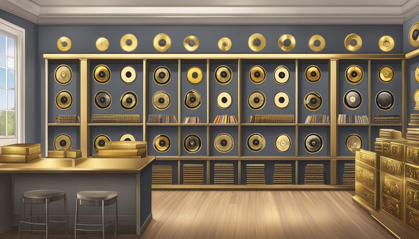 A wall lined with gold and platinum records, surrounded by shelves displaying numerous awards and accolades