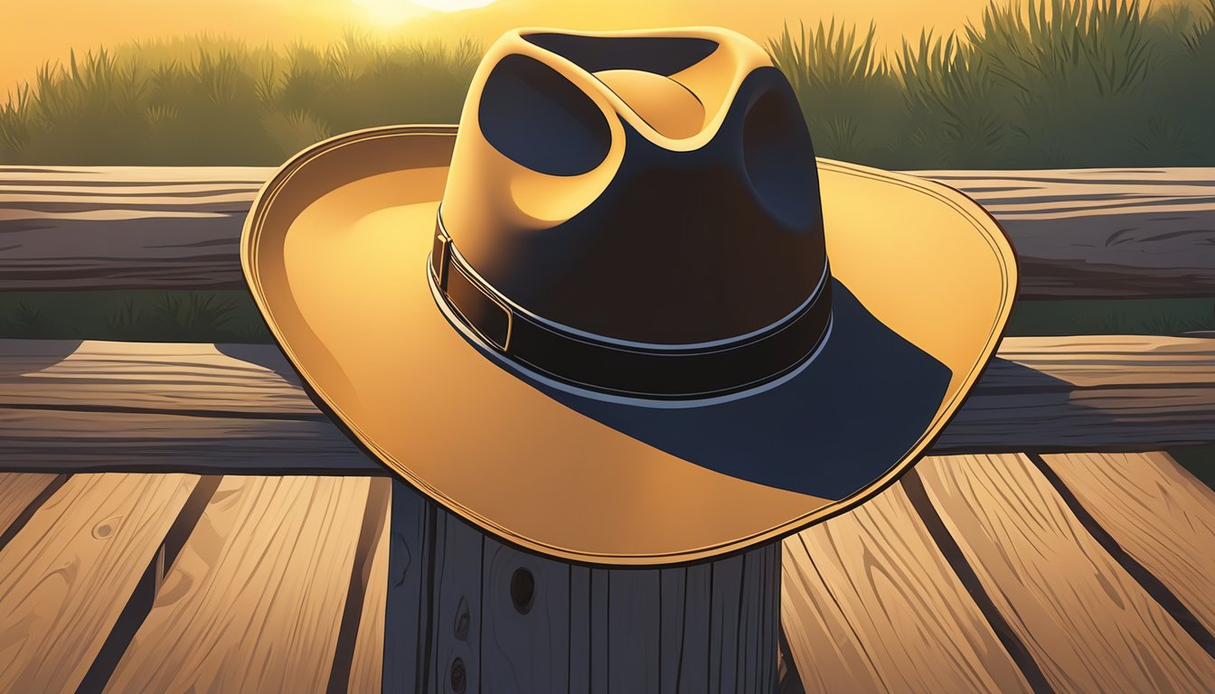 A lone cowboy hat rests on a weathered wooden fence post, casting a long shadow in the golden light of the setting sun