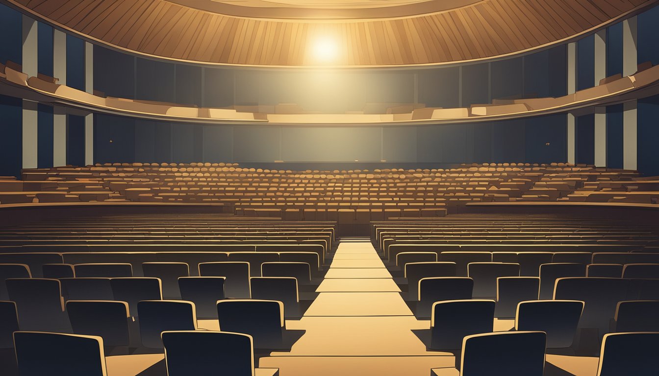 A lone guitar sits center stage, spotlight illuminating its polished wood, surrounded by a sea of empty chairs in a dimly lit concert hall