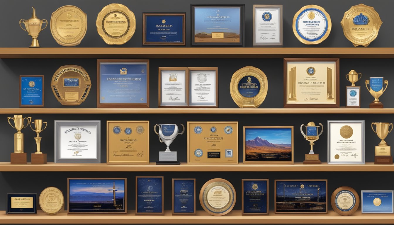 A display of George Strait's awards and recognitions, including trophies, plaques, and framed certificates arranged on a shelf or table