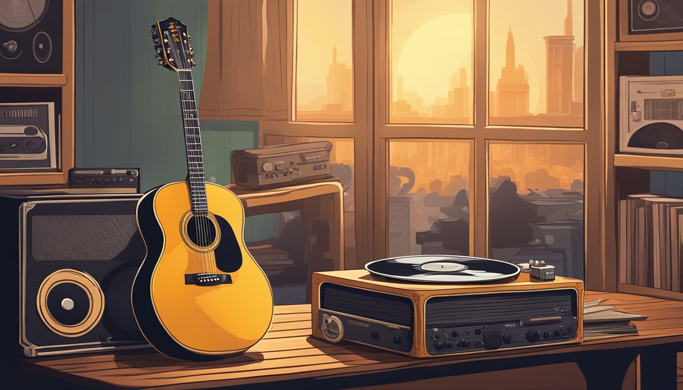 A guitar resting on a wooden table, surrounded by vinyl records and vintage music posters. A record player sits in the background emitting a warm, nostalgic glow