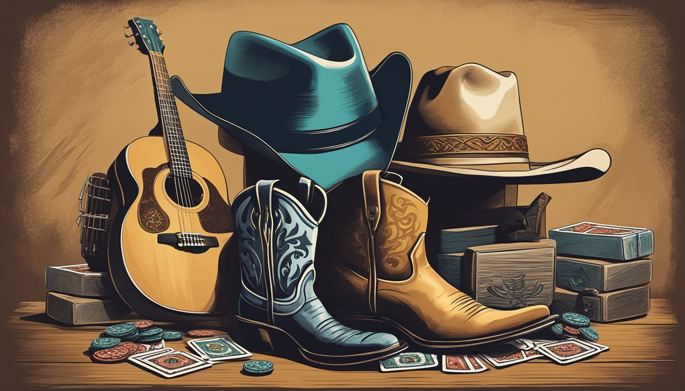 A vintage microphone stands center stage, surrounded by playing cards, cowboy boots, and a guitar with a cowboy hat resting on top