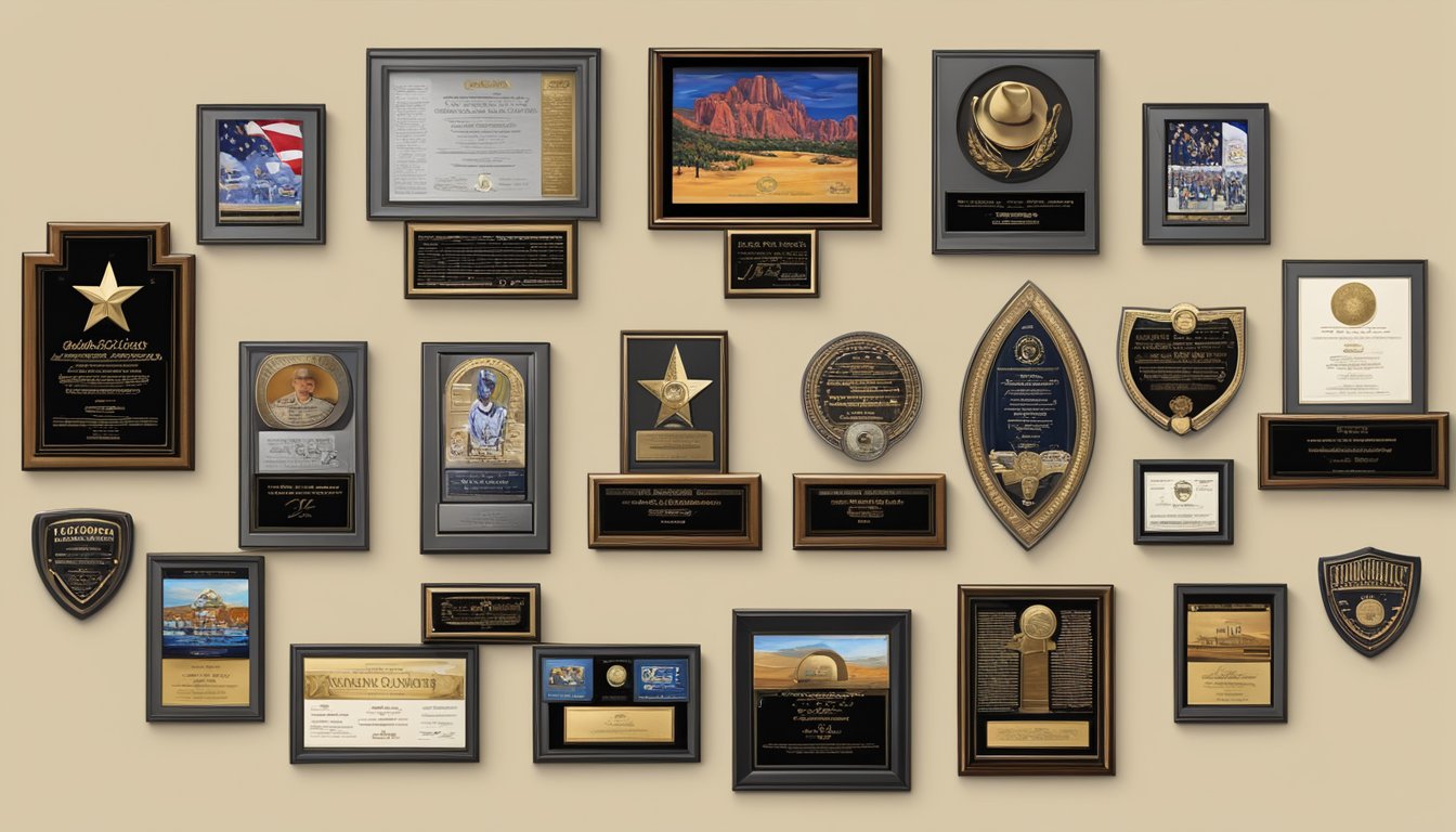 A display of George Strait's awards and accolades, including his numerous Grammy and CMA awards, platinum albums, and other prestigious honors