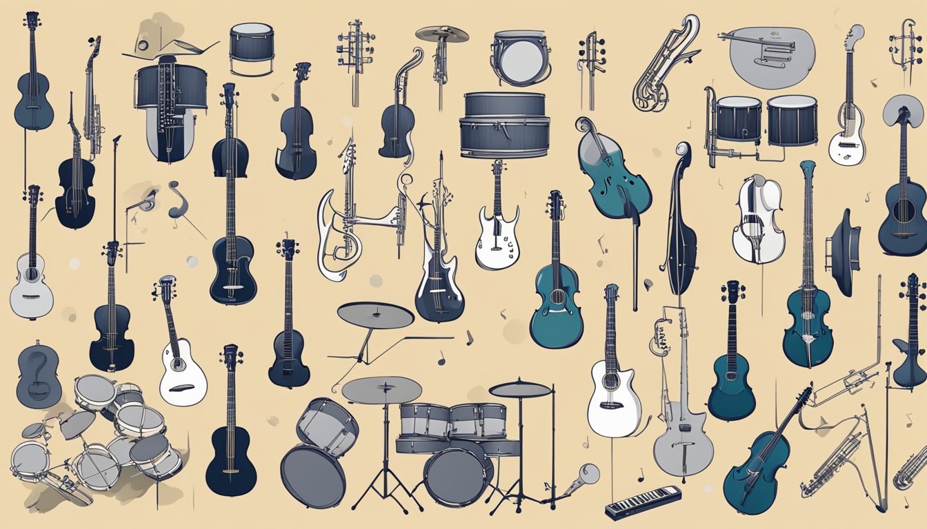 A series of interconnected musical symbols and instruments, representing the lineage and influences of George's musical legacy